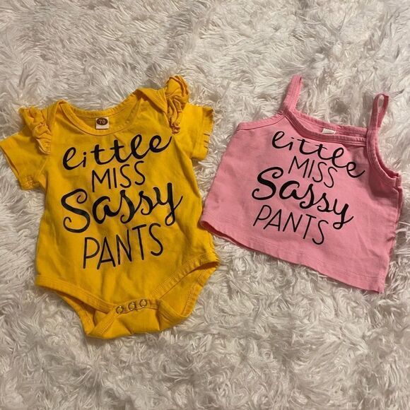 Little Miss Sassy Pants Yellow Onesie (70) & Pink Tank (74) - Picture 1 of 4
